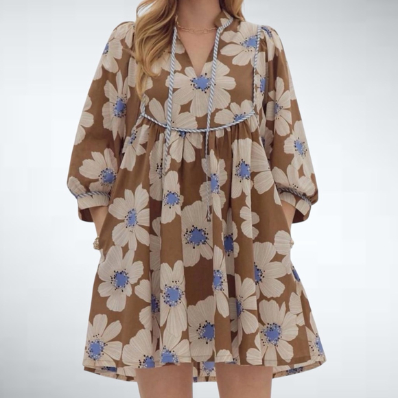 entro Dresses & Skirts - Entro Floral Print Bubble Sleeves Mini Dress in Brown Size S
